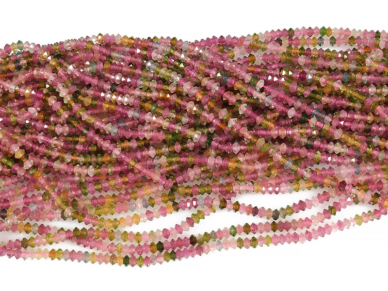 Граненые бусины турмалина эльбаита (цветного турмалина). Диаметр отверстия 0.5 мм. Размеры, вес, длина и количество бусин на нити указаны примерно.
