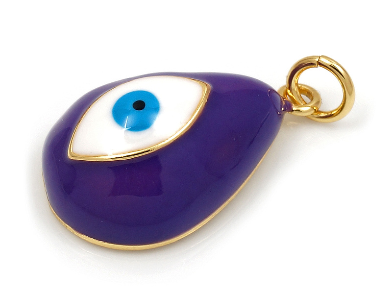 Подвеска фиолетовый глаз капля для создания украшений. Покрытие - золото 14к, эмаль. Диаметр подвесного колечка - 5 мм. Цена указана за штуку.
