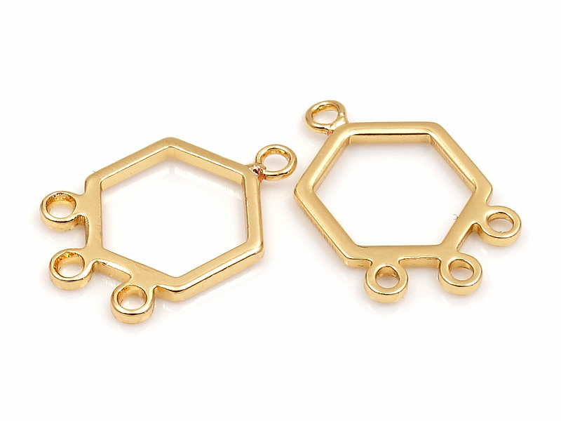 Коннектор шестиугольник для создания украшений. Покрытие - золото 14к. Диаметр отверстий 1.5 мм. Цена указана за штуку.
