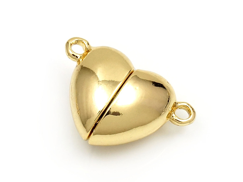 Замочек магнитный для браслета или бус "Сердце". Покрытие - золото 14К. Диаметр колечек 1.5 мм, запаяны. На уцененных замочках присутствует неровность поверхности.
