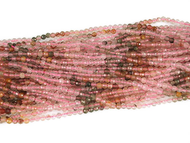 Граненые бусины турмалина эльбаита (имитация из турмалинового и рутилового кварца). Диаметр отверстия 0.5 мм. Размеры, вес, длина и количество бусин на нити указаны примерно.
