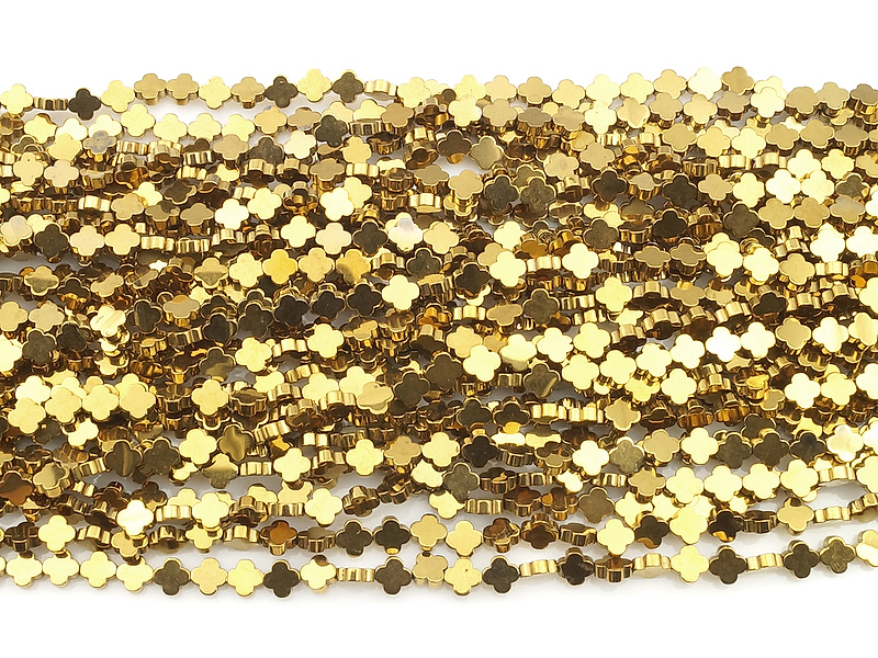Бусины гематита клевер золото (гематин). Диаметр отверстия 0.5 мм. Размеры, вес, длина и количество бусин на нити указаны примерно.
