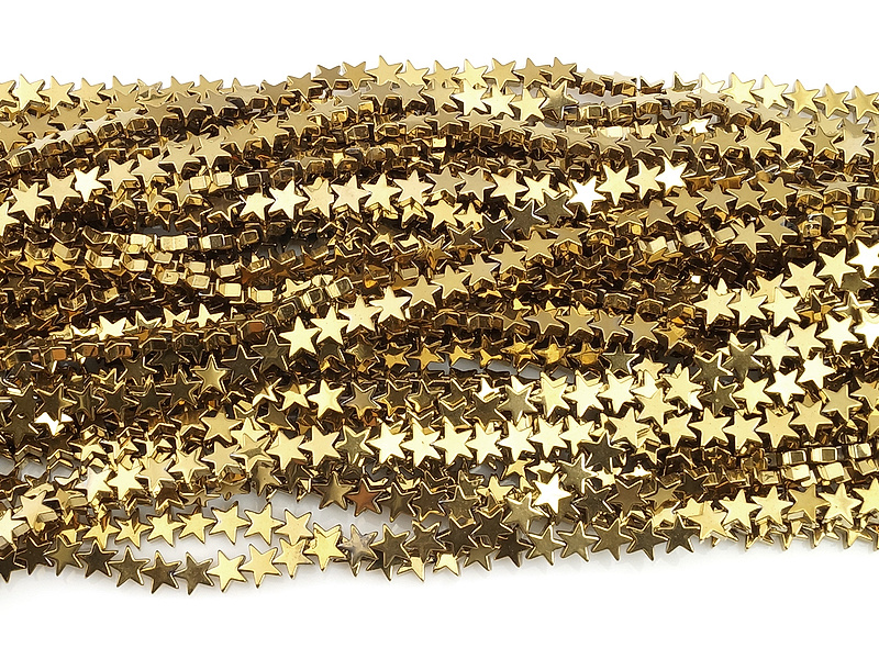 Бусины гематита звезда золото (гематин). Диаметр отверстия 0.5 мм. Размеры, вес, длина и количество бусин на нити указаны примерно. Микровыемки.
