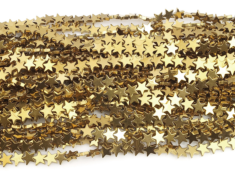 Бусины гематита звезда золото (гематин). Диаметр отверстия 0.8 мм. Размеры, вес, длина и количество бусин на нити указаны примерно. Мелкие выемки.

