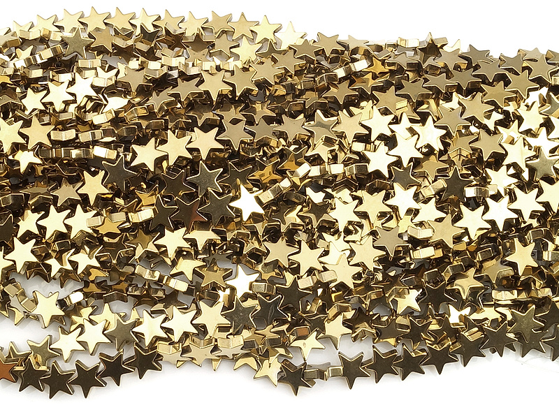 Бусины гематита звезда золото (гематин). Диаметр отверстия 1 мм. Размеры, вес, длина и количество бусин на нити указаны примерно. Мелкие выемки.
