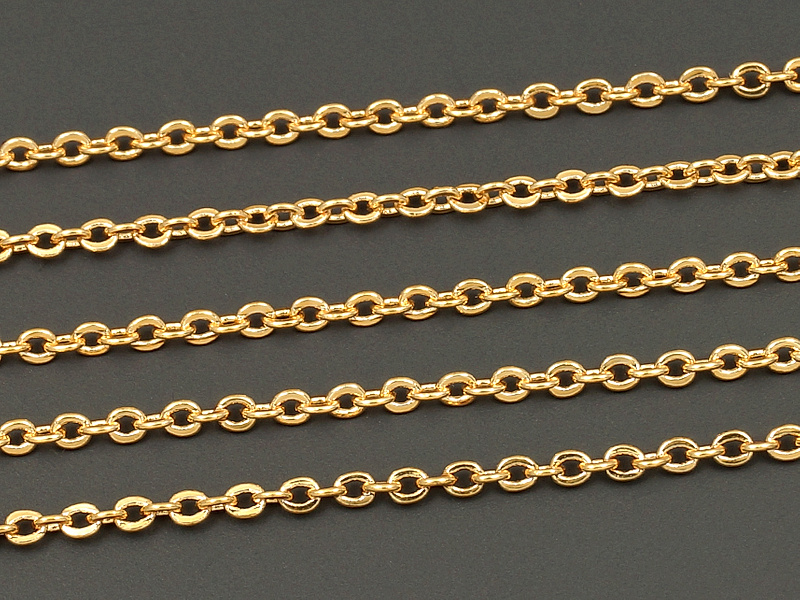 Ювелирная цепочка с плетением плоский бельцер для создания бижутерии (украшений). Покрытие - золото 14К. Размер звена - 1.5х1.3х0.3 мм, замкнуты.
