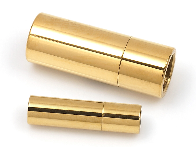 Магнитный замок трубочка золото для шнура (ленты, тесьмы) для создания бижутерии (украшений). Диаметр отверстий - 6 мм. Металл - нержавеющая сталь, покрытие - гальваническое.  Цена указана за штуку.
