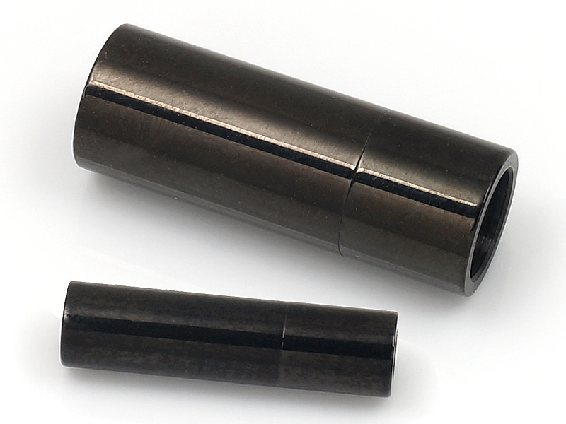 Магнитный замок трубочка черный для шнура (ленты, тесьмы) для создания бижутерии (украшений). Диаметр отверстий - 6 мм. Металл - нержавеющая сталь, покрытие - гальваническое.  Цена указана за штуку.
