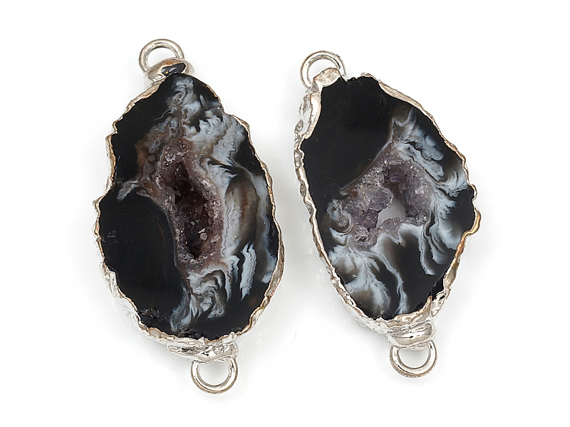 Пара коннекторов срезов жеод морозного агата в оправе цвета "серебро" . Подвес - 2 мм. Размеры и вес усреднены. Мелкие выемки. | Интернет-магазин товаров для рукоделия