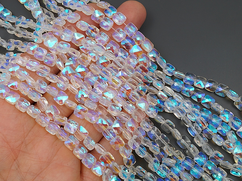 Граненые стеклянные бусины квадрат "Лунный камень" 6.5x6.5x4мм