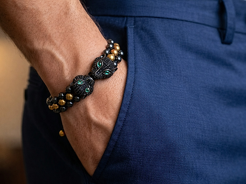 Набор материалов "Мужской плетеный браслет с черными пантерами"