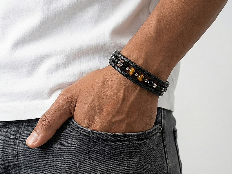 Набор материалов "Мужской браслет с тигровым глазом и черным турмалином"