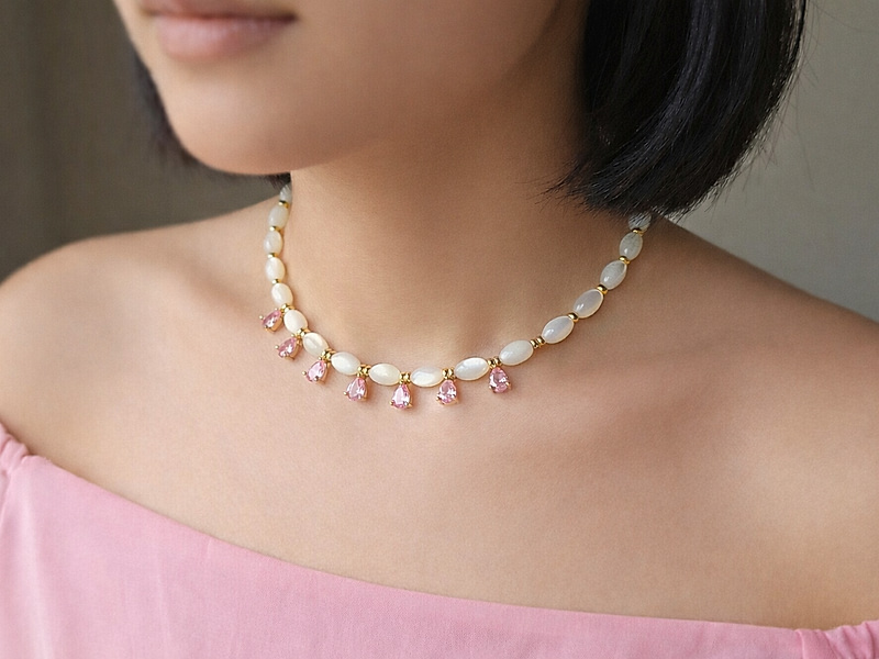 Набор материалов "Перламутровый чокер с розовым топазом"