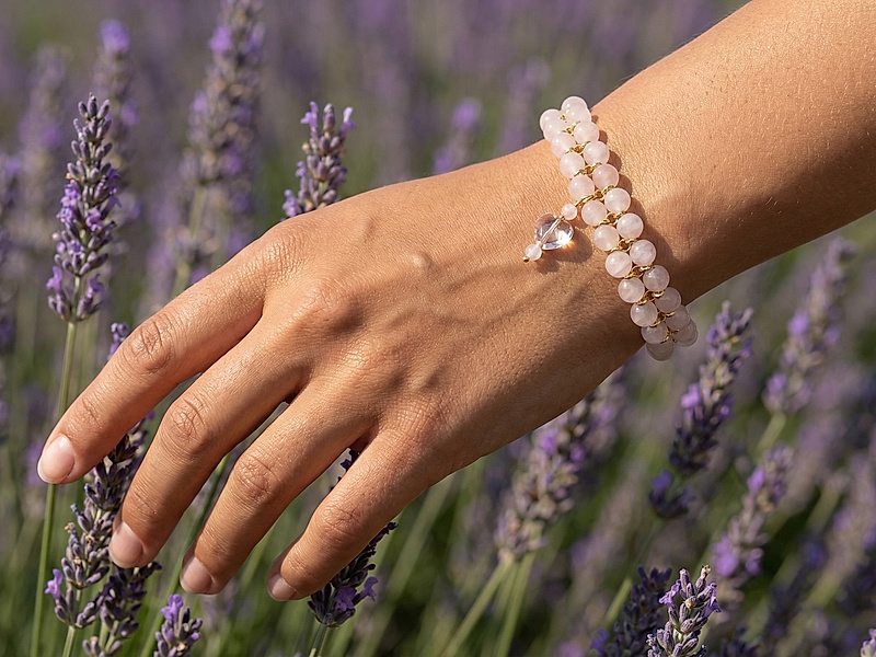 Набор материалов "Двухрядный браслет с розовым кварцем и сердечком"