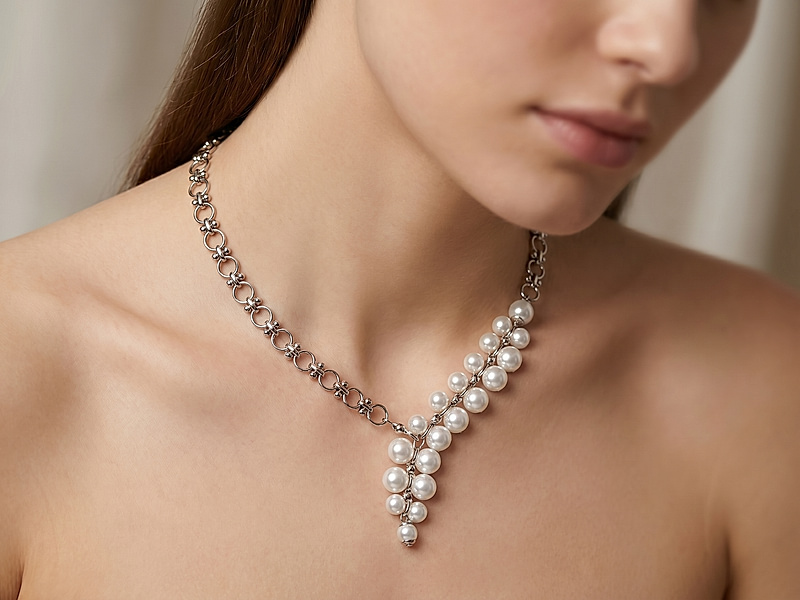 Набор материалов для сборки ассиметричного колье, декорированного полусверлеными бусинами жемчуга майорка разных диаметров. Основа сборки - ювелирная цепочка, часть которой используется вертикально.&nbsp;
 | Интернет-магазин товаров для рукоделия