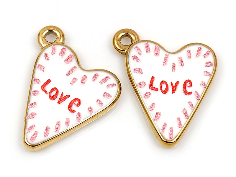 Подвеска "Белое сердце Love"  из нержавеющей стали для создания бижутерии (украшений). Металл - нержавеющая сталь. Покрытие - 18К. Цвет - темное золото, цветная эмаль. Длина с колечком - 20 мм, ширина - 13.5 мм, высота -1.8 мм, внешний  диаметр замкнутого подвесного колечка - 3.2 мм, внутренний - 2 мм. Цена указана за штуку.
 | Интернет-магазин товаров для рукоделия