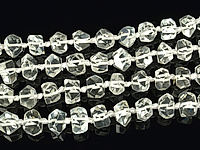 Граненые бусины горного хрусталя (торговое название - "херкимерский алмаз"). Диаметр отверстия 1 мм. Размеры, вес, длина и количество бусин на нити указаны примерно. На бусинах с уценкой мелкие выемки.

