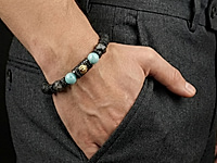 Набор материалов для стильного мужского браслета с бусинами чёрной лавы, серебристого обсидиана, амазонита и черной фурнитуры. Центральный элемент - бусина с золотым львом, инкрустированная черными фианитами - центр притяжения украшения. Для мужчин с сильным характером.

Ширину браслета можно менять, прибавляя либо убавляя количество бусин. Эластичная резинка в два ряда надежно фиксируется специальным узлом.&nbsp;

Мастер - класс, как собрать мужской браслет на резинку, ЗДЕСЬ.&nbsp;
, фото №162785