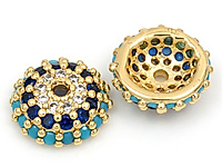 Золотая шапочка для бусин "Трехцветие" для создания бижутерии (украшений). Покрытие  - золото 14К. Вставки - инкрустация синими, бирюзовыми и прозрачными фианитами. Диаметр центрального отверстия - 1 мм, внутренний диаметр шапочки - 5 мм. Цена указана за штуку.
, фото №163000