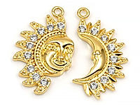 Парные золотые подвески "Луна и солнце" для создания бижутерии (украшений). Покрытие - золото 14К. Вставки - инкрустация фианитами. Размеры солнца с бейлом - 28х15х3 мм, бейл - 5х3.5 мм, бейл разъемный и снимается. Длина солнца без бейла - 24 мм. Размеры луны с бейлом -  28х13х3 мм, бейл - 5х3.5 мм, бейл разъемный и снимается. Длина луны без бейла - 24.5 мм.  Цена указана за штуку.
, фото №163163