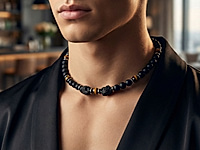 Набор материалов для мужского чокера с бусинами чёрного агата, тигрового глаза и тектита - это строгий и стильный аксессуар, который подчёркивает мужественность и харизму. Чёрный агат придаёт украшению глубину, тигровый глаз добавляет теплоту и защиту, а тектит - уникальную текстуру и мистическую энергию.&nbsp;

Мастер - класс, как собрать чокер на тросик с калотами, ЗДЕСЬ. &nbsp;

Основа украшения - ювелирный тросик. Чокер может быть собан плотно к линии шеи либо удлинен добавлением матовых бусин. При желании чокер можно украсить подвеской - шипом, монетой, молнией.

Как и с чем носить

Такой чокер отлично сочетается с кожаными куртками, рубашками и футболками, хорошо вписывается как в повседневный городской стиль, так и в вечерний look. Носите его с уверенностью, чтобы подчеркнуть индивидуальность и силу.
, фото №163205
