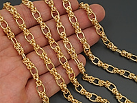 Ювелирная цепочка с глидерным плетением для создания бижутерии (украшений). Покрытие - золото 14К. Ширина цепочки - 6.5 мм, высота - 4 мм. Размер звена - 9x6.5x1.2 мм, не запаяно. Звенья чередуются с декоративными элементами.  Размер декоративного элемента - 9.5x4.6x4.6 мм. Цена указана за 20 см. При покупке от 2 мерок, вы получаете 40, 60 и другие отрезки, кратные 20 см, одним отрезком.
, фото №163498
